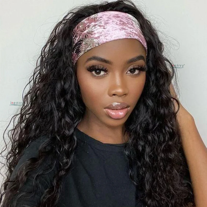 

Natural Color Water Wave Human Hair Wigs Brazilian Headband Wigs For Black Women Glueless 180 Density Curly Human Hair Wigs Remy
