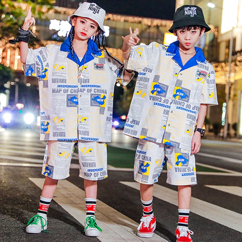 

Kids Hip Hop Dance Costumes Boys Fashion Printed Short Sleeve Shirts Shorts Suit Jazz Stage Outfit Street Dancewear DNV12991