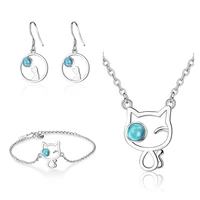 2021 trendy silver plated earrings women jewelry set girl charms crystal blue cat pendant female choker neck earring princess