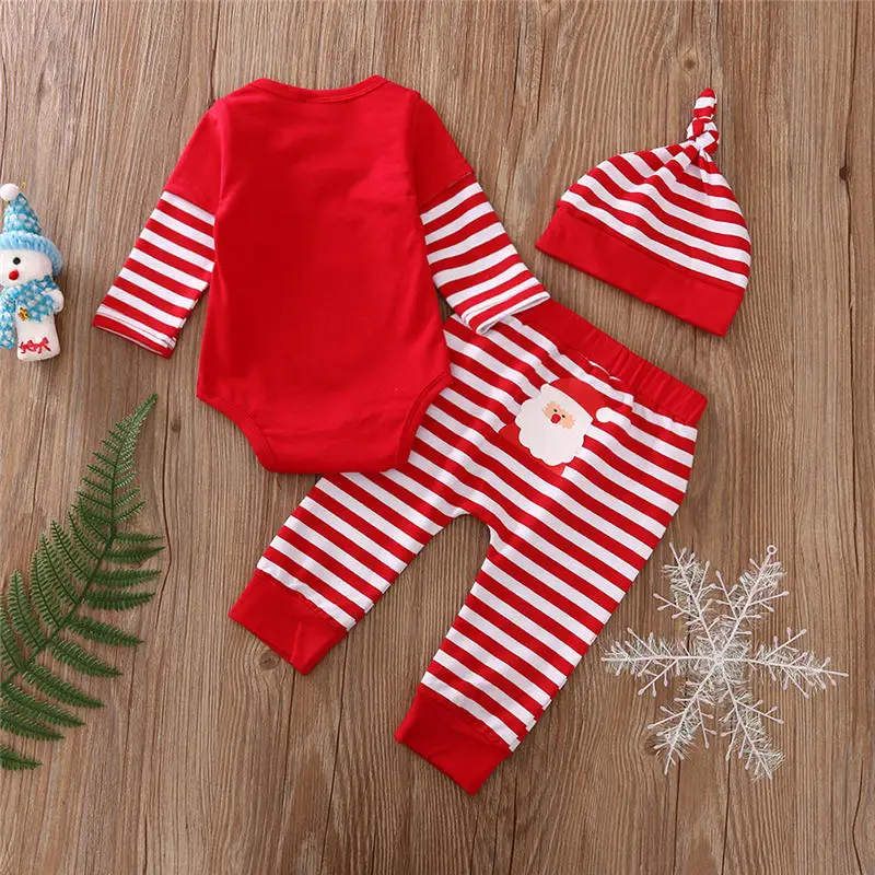 

2020 Autumn Newborn Baby Boys Girls Christmas Letter Print Long Sleeve Striped Plaid Romper Pants Hat 3pcs Costume