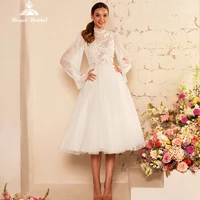 roycebridal bohemian long sleeves short wedding gowns sexy tulle sweep train bridal dress for bride illusion tea length