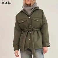 za womens autumn jacket with belt pocket thin parkas khaki female winter shirt parka coats armygreen oversized winter outwears