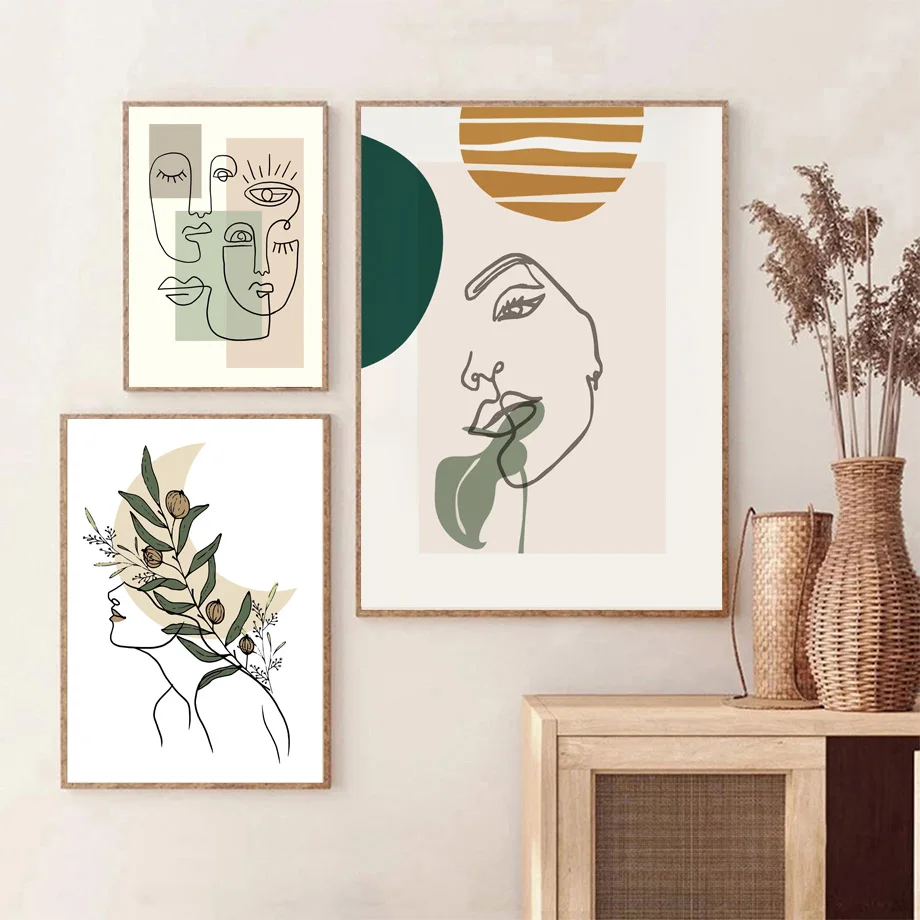 

Boho Botanical Sun Vase Abstract Girl Face Line Wall Art Canvas Painting Posters And Prints Wall Pictures For Living Room Decor