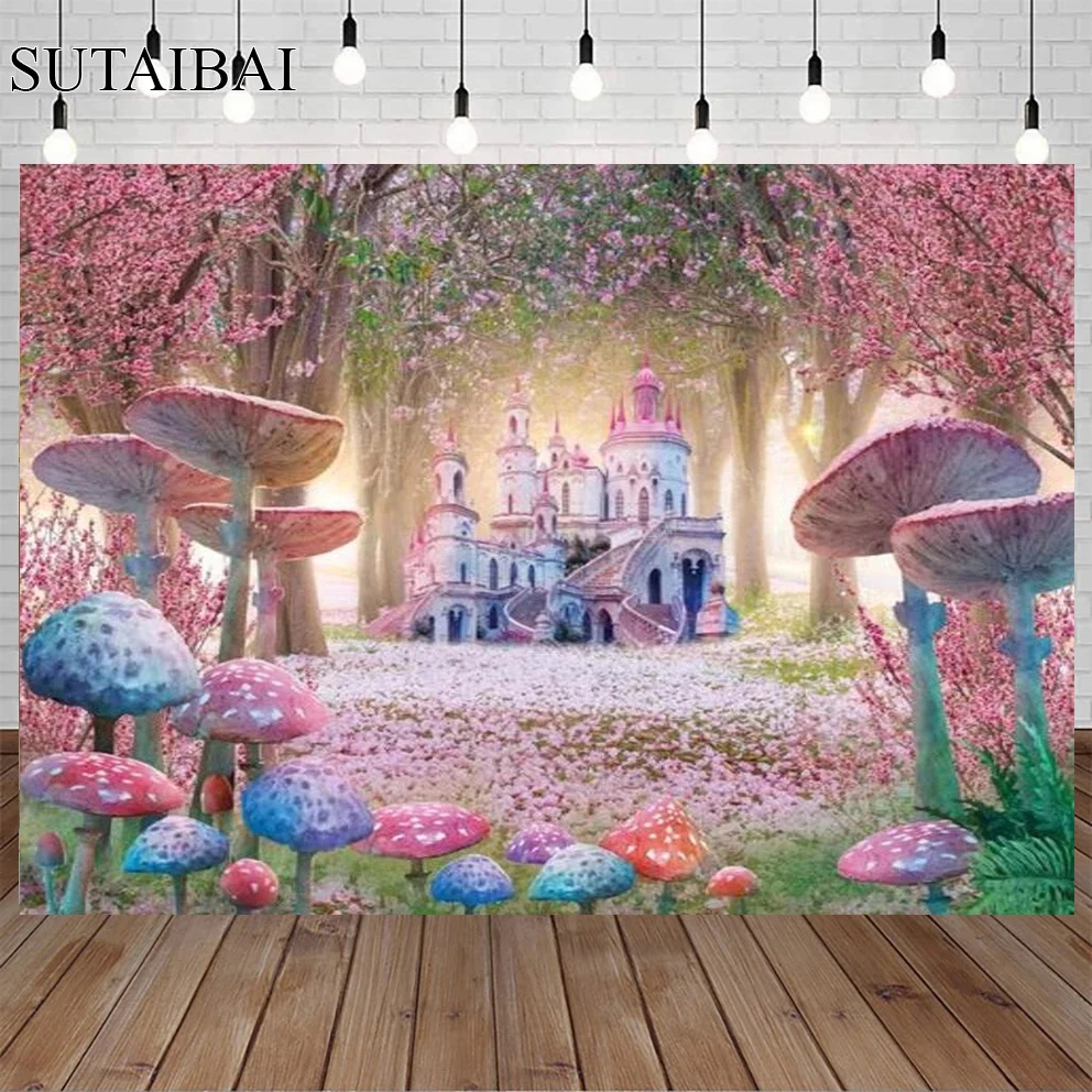 

Pink Mushroom Castle Girl Princess Background Alice In Wonderland Theme Children Birthday Backdrop Portrait Photography Decor