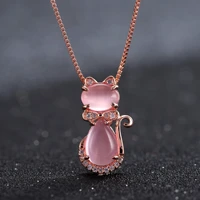 baroque fashion lovely cat pink cz crystal necklace for women exquisite rose gold plated necklace charm women wedding jewelry
