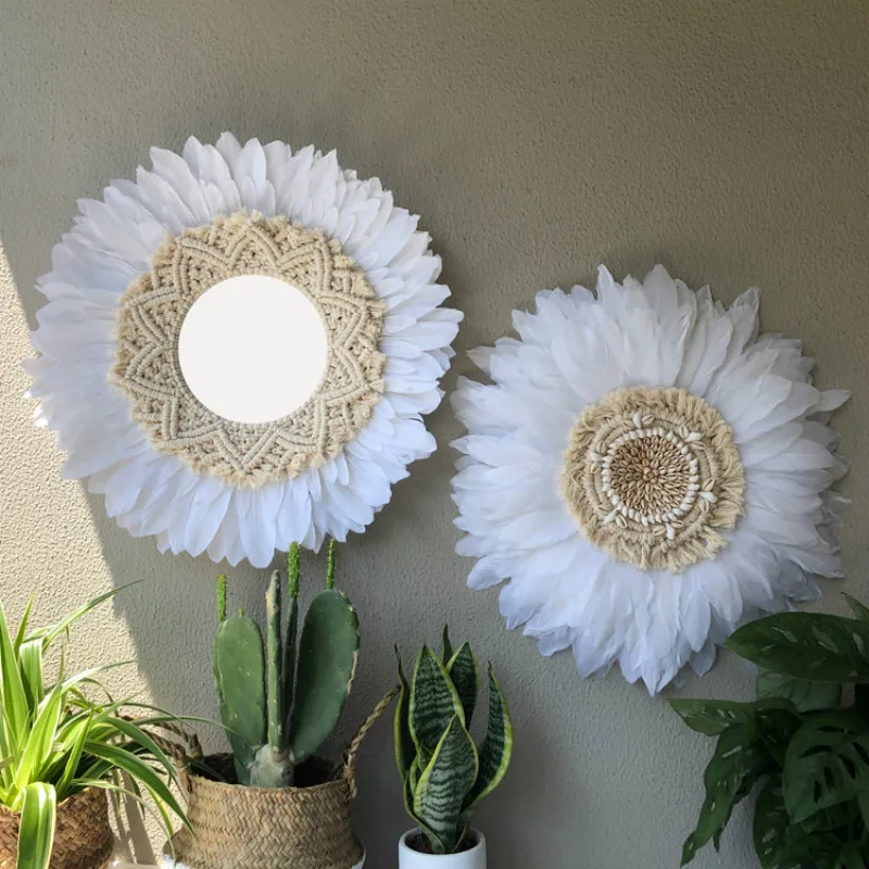 3 Pcs Hand-woven Macrame Feather Mirror Wall Hanging Nordic Porch Creative Living Room Sofa B&ampB Decor Headboard Boho | Дом и сад