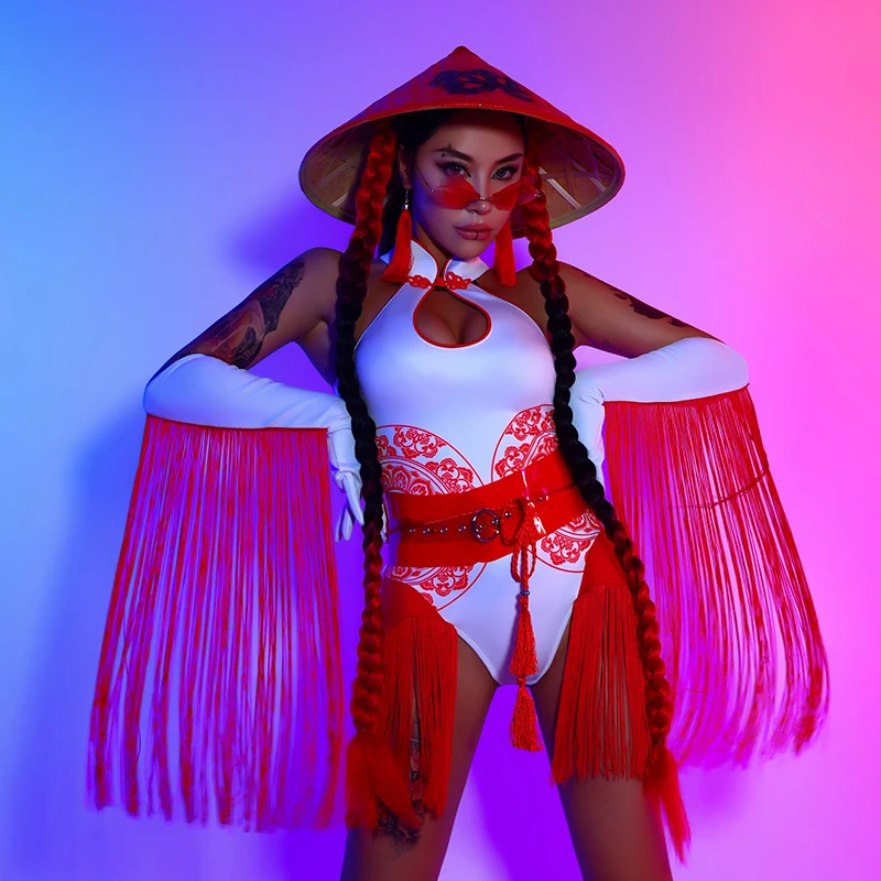 Новый пикантный боди с бахромой и рукавами в китайском стиле Женский костюм