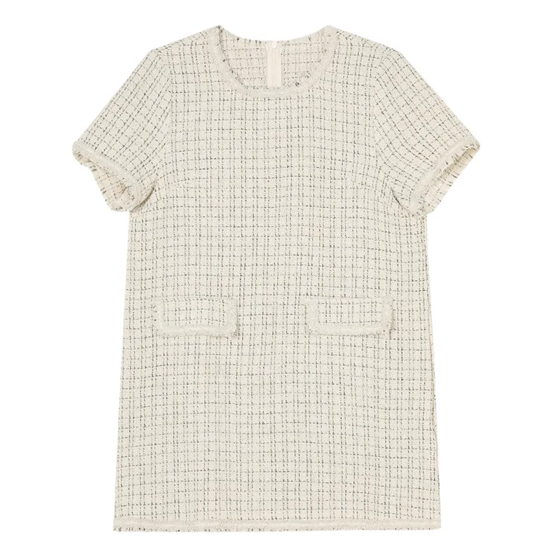 

Women Short Sleeve Tweed Shift Dress White Black, Beige S,M