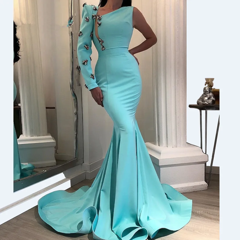 Бирюзовое мусульманское вечернее платье Русалка с одним плечом и длинным