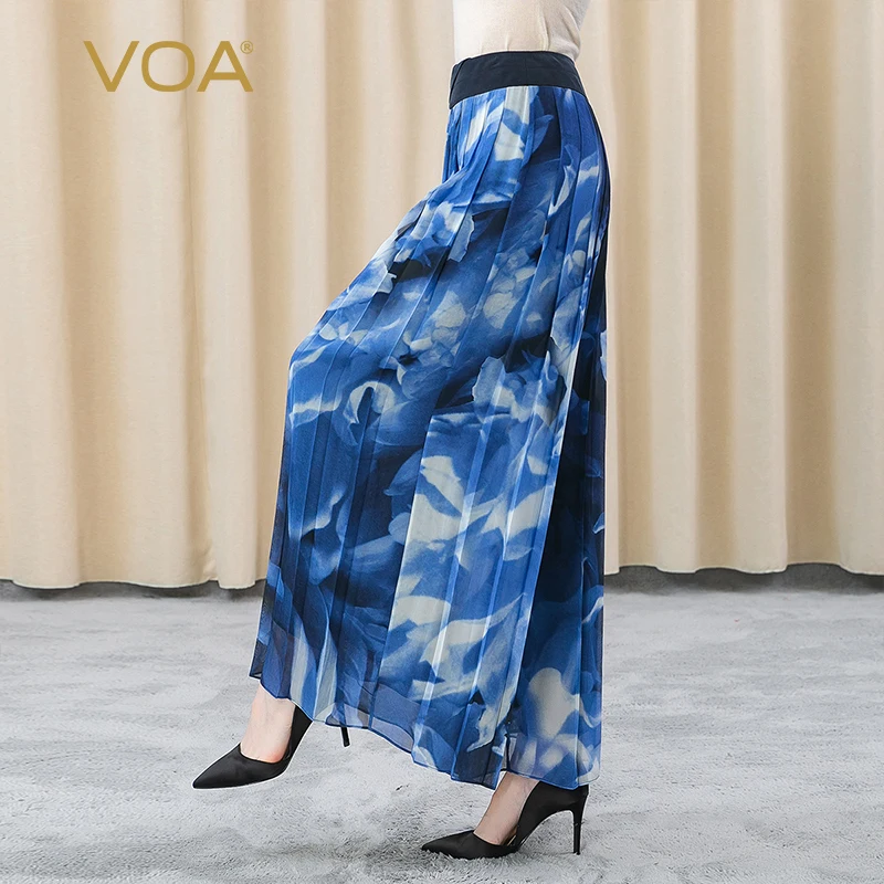 

VOA Silk Black and Blue Double-layer Georgette Asymmetric Natural Waist Side Pocket Organ Pleated Wide-leg Woman Pants KE306