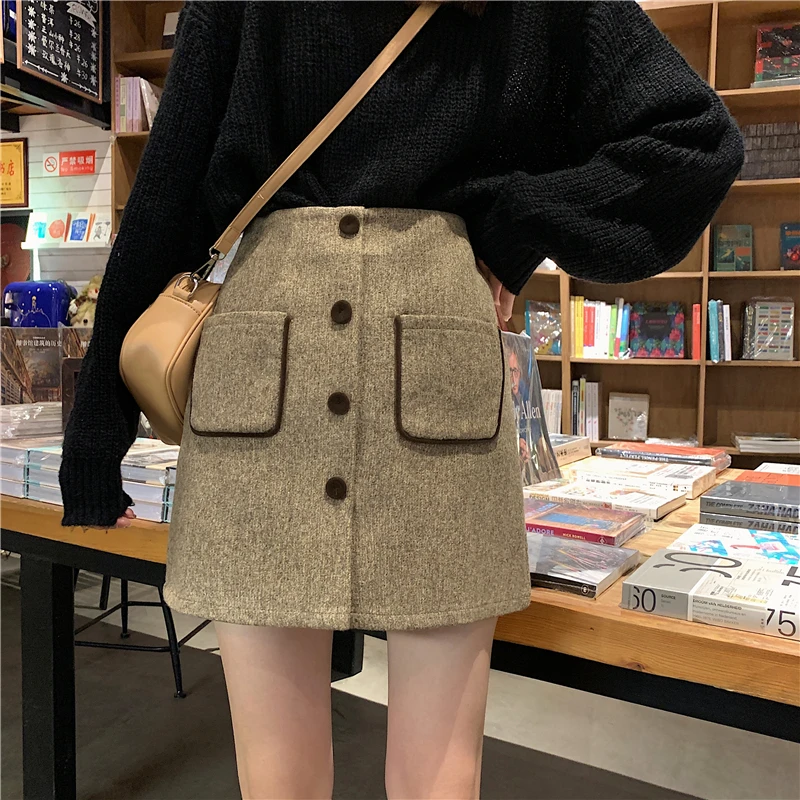 

Woolen autumn winter mini a-line skirt Women elegant button high waist pocket skirt Office lady vintage short skirt bottom