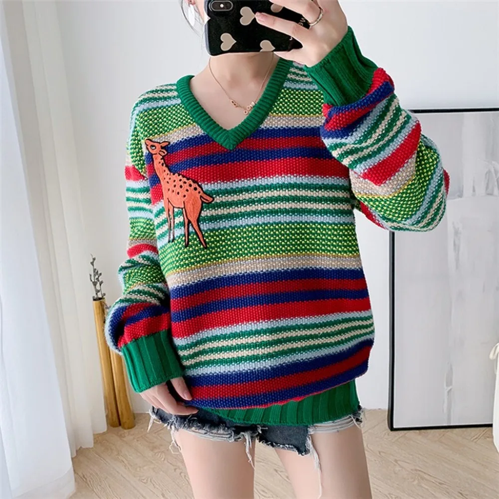 

Свитер женский, вязаный, в полоску, с радужными полосками, жирафом, от лучшей подруги
