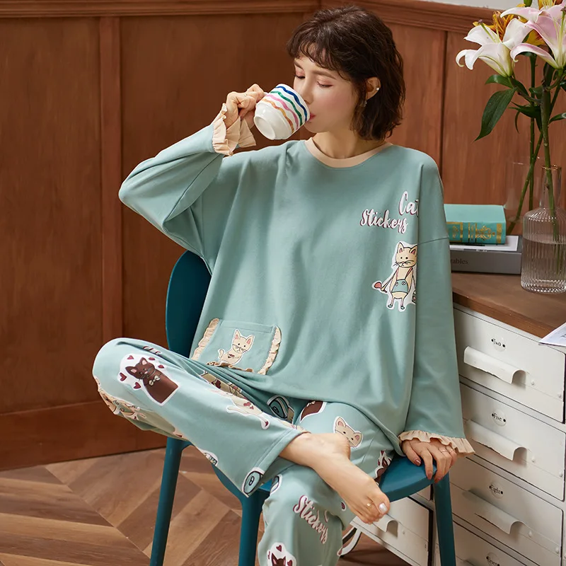 

for Women Loose Cotton Women's Pajamas Cute Green Gartoon Little Dinosaur Pullover Sleepwear Keep Warm Home Suit Winter Pajamas