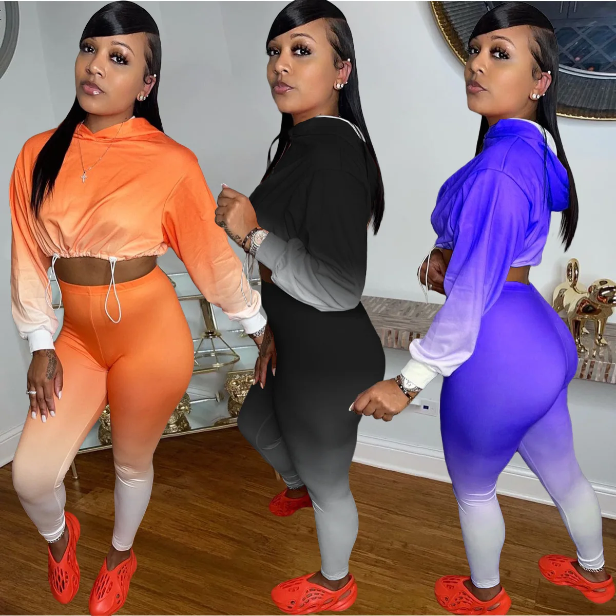 

Echoine Gradual change Color Drawsting Long Sleeve Crop Top Hoodies Pants Set Sportwear Tracksuit Women Autumn Jogger Femme