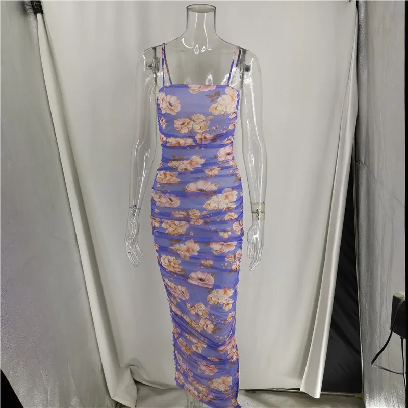 Женское Сетчатое облегающее платье на тонких бретельках длинное плиссированное