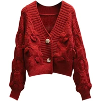 women knitted cardigans red sweater fashion bow autumn and winter loose coat casual button thick v neck solid female tops