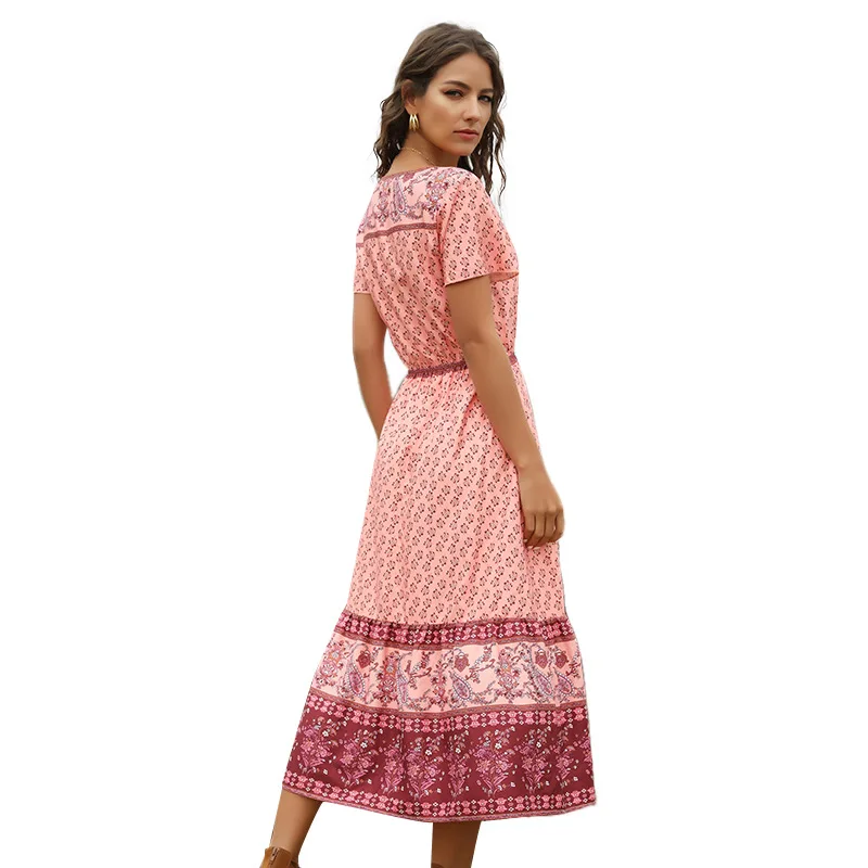 

2020 New Flora Printed Maxi Women's Dress V Neck Mid-calf Summer Boho Style Holiday A Line Female Dresses Pink Vestidos
