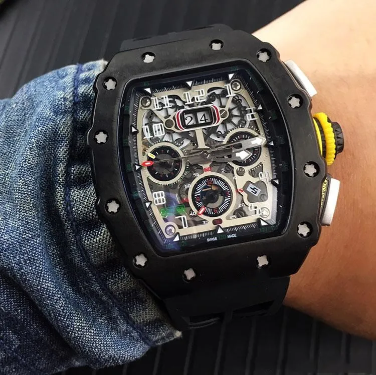 

New Luxury RM 11-03RG Big Data Flyback Chrono Skeleton Watches Rubber Strap Japan Miyota Automatic Mechanical RM11-03 Mens Watch