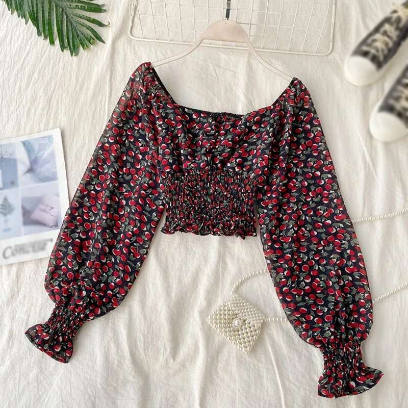 

Women Floral Shirts Slash Neck Tops Sexy Exposed Navel Flare Sleeve Sweet Long Sleeves Chiffon Shirt Blouse Girls Clothes