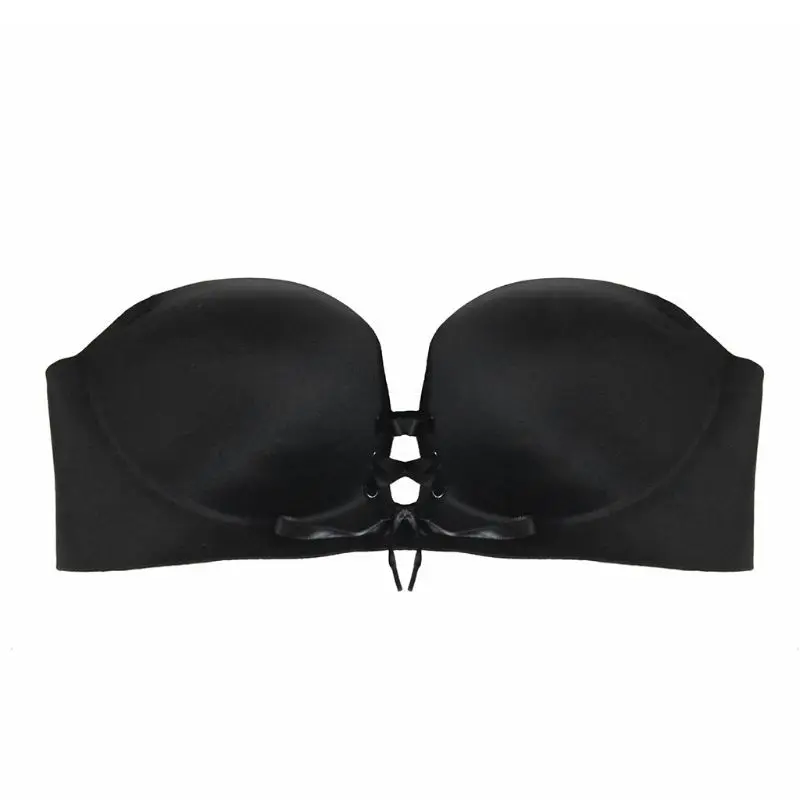 Women Girls Strapless Invisible 1/2 Cup Bra Seamless Solid Color Push Up Brassiere Criss Cross Lace Up Drawstring Convertible