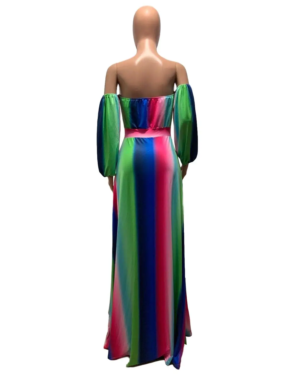

Off Shoulder Rainbow Stripe Women Maxi Dress Plus Size African Color Block Lace Up Casual Beach Long Dresses Summer Vestido