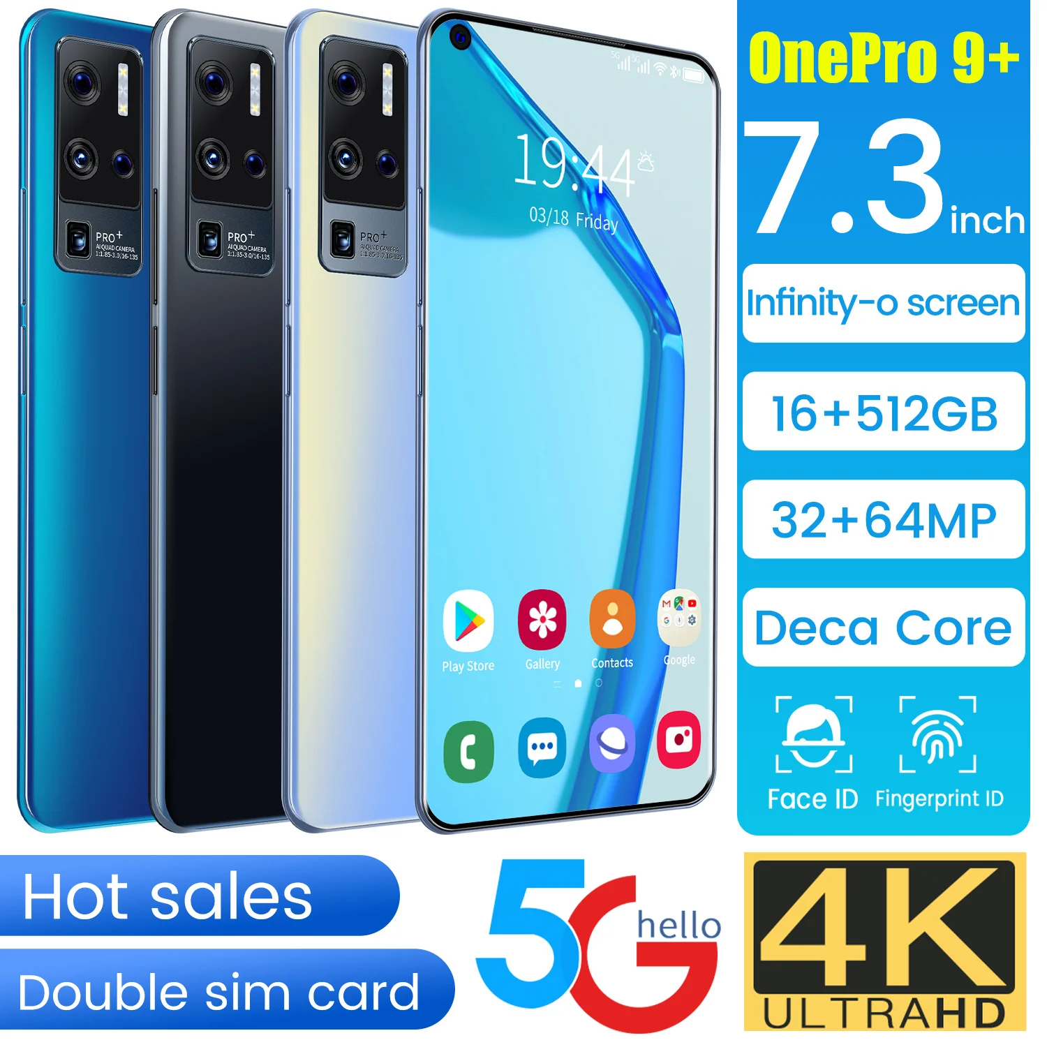 

OnePro 9 Global Version Smartphone 7.3 Inch 16GB 512GB 32MP 64MP 6800mAh Face ID Android 11 Snapdragon 888 10 Core Cell Phones
