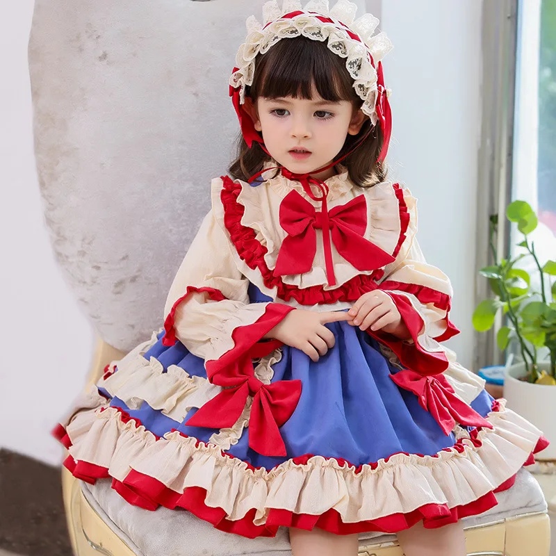 Toddlers Girls Vintage Lolita Dress With Headwear Flare Sleeve Butterfly Loose Ruffles Hem Gowns Children Spanish Style Dresses
