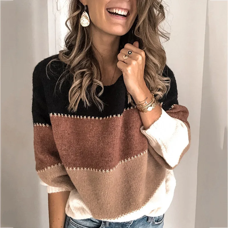 Solid Color Split Joint Knitting Unlined Upper Garment Jacket Leisure Time Hit Round Neck Sweater Woman | Женская одежда