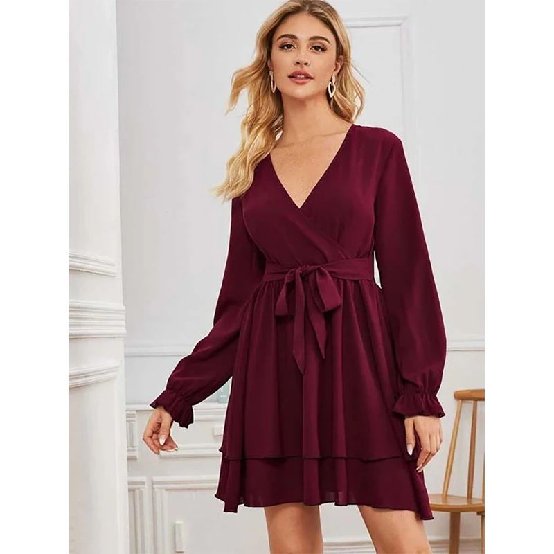 Сезон весна-осень Элегантная женское платье однотонное сексуальное с v-образным