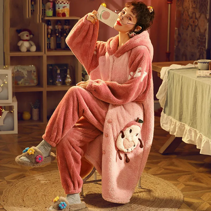 

Women Pajamas Thick Warm Sleepwear Autumn and Winter Coral Fleece Robe Plush Plus Size Loose Home Clothes Nightgowns for Women