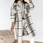 Женское зимнее пальто в клетку, теплое длинное пальто на пуговицах, Толстая шерстяная куртка оверсайз, 2021