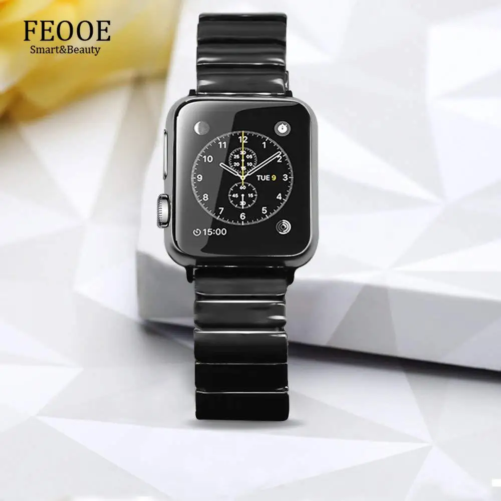 

FEOOE Suitable for Iwatch3 Apple 4 Watch Strap New Black and White Ceramic Bracelet Stainless Steel Butterfly Buckle Strap LXY