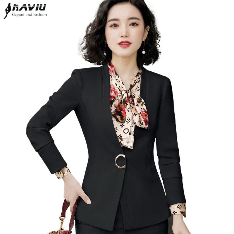 Naviu yeni moda kadın Blazers resmi uzun kollu V boyun giyim ofis bayanlar için ceketler siyah ve beyaz ceket