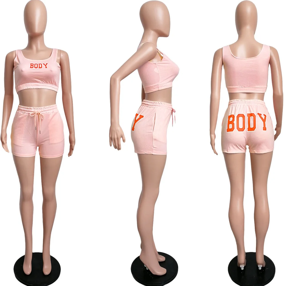 

BODY Letter Print Athleisure Outfits Casual Sleeveless Tank Tops and High Waist Drawstring Biker Short Loungewear Sport Suits