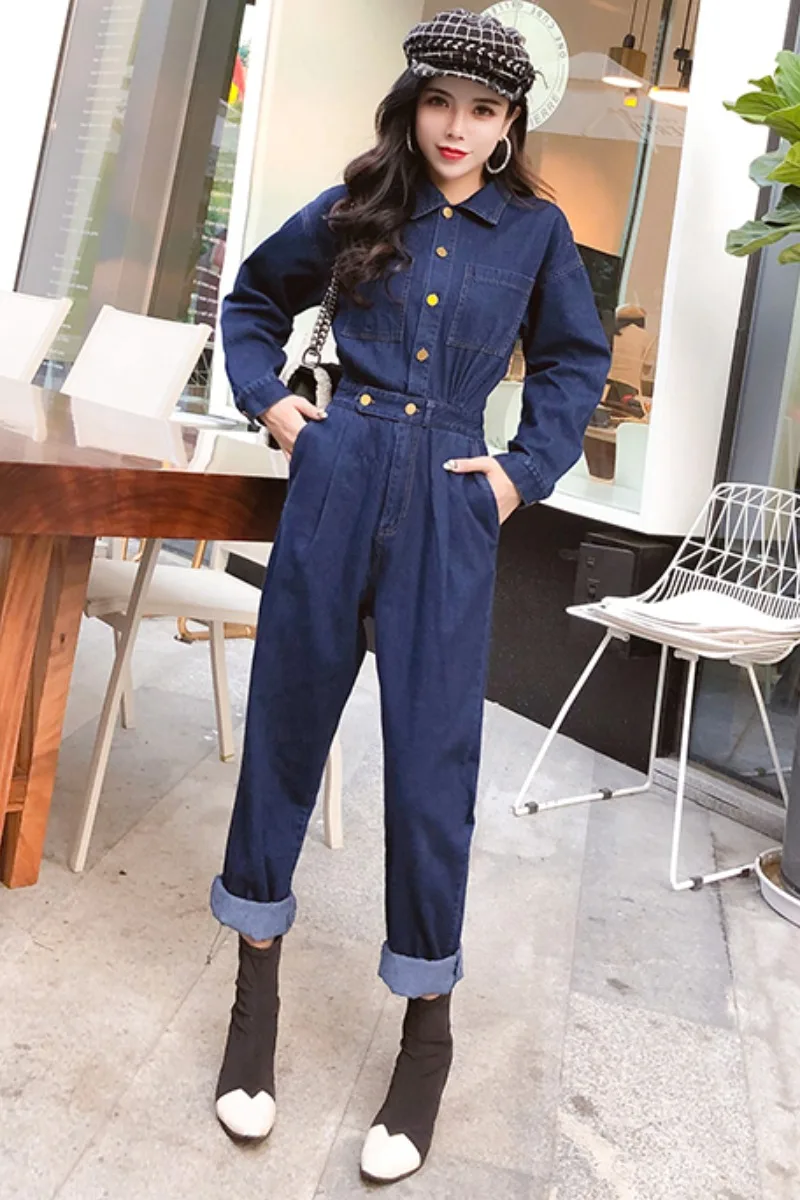 

Autumn 2020 New Style Long Sleeve Slim Lapel Casual High Waist Capris Work Suit Jumpsuit Jeans Women