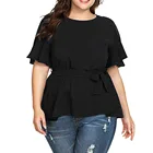 Женская блузка с бантом на поясе, однотонная Свободная рубашка с коротким рукавом, размера плюс