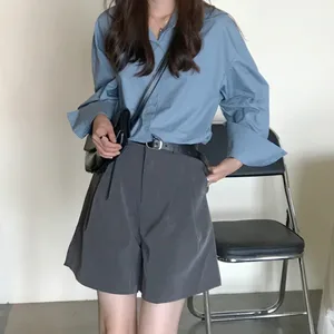 Женские короткие штаны, серые однотонные, с высокой талией, широкие, в стиле бойфренда, летние