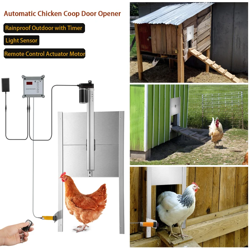 

Automatic Chicken Coop Door Opener Kits Rainproof Outdoor With Timer, Light Sensor,and Remote Control Actuator Motor For Farms