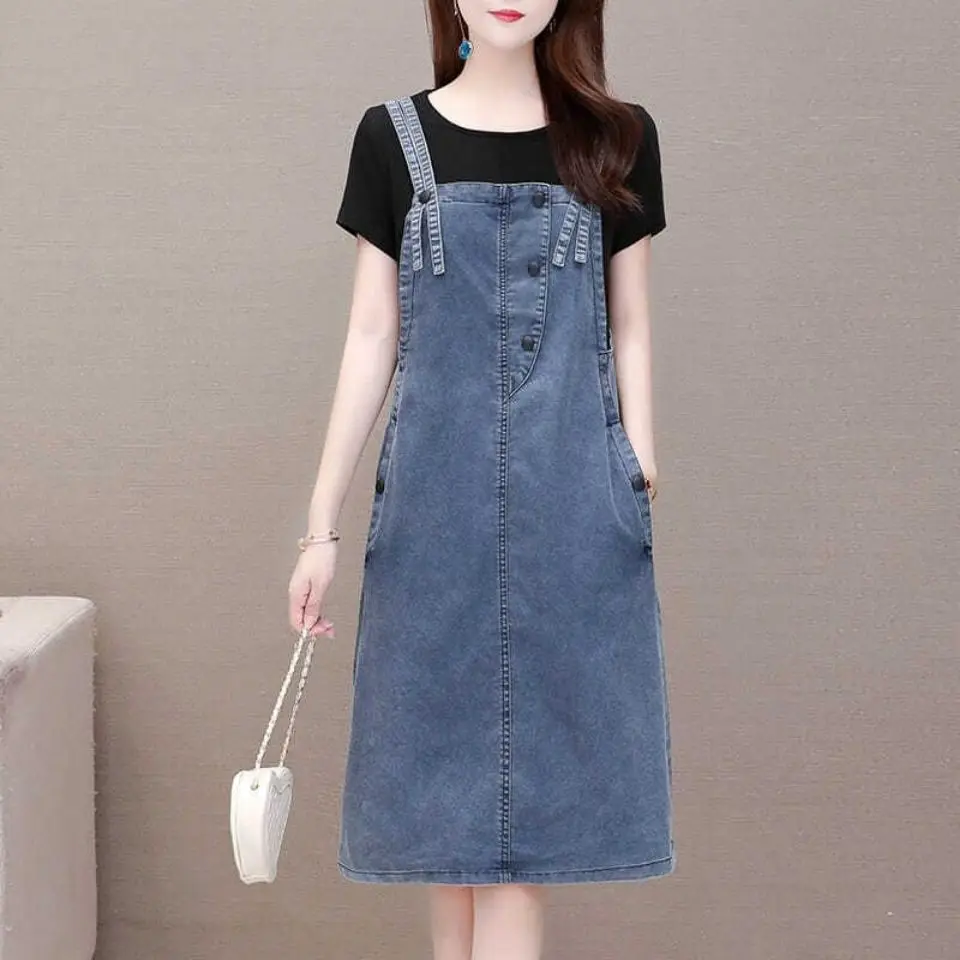 

Denim Overall Dress Women 2021 Summer New Korean Style Spaghetti Strap Button Pocket Slim Fit A Line Midi Dress