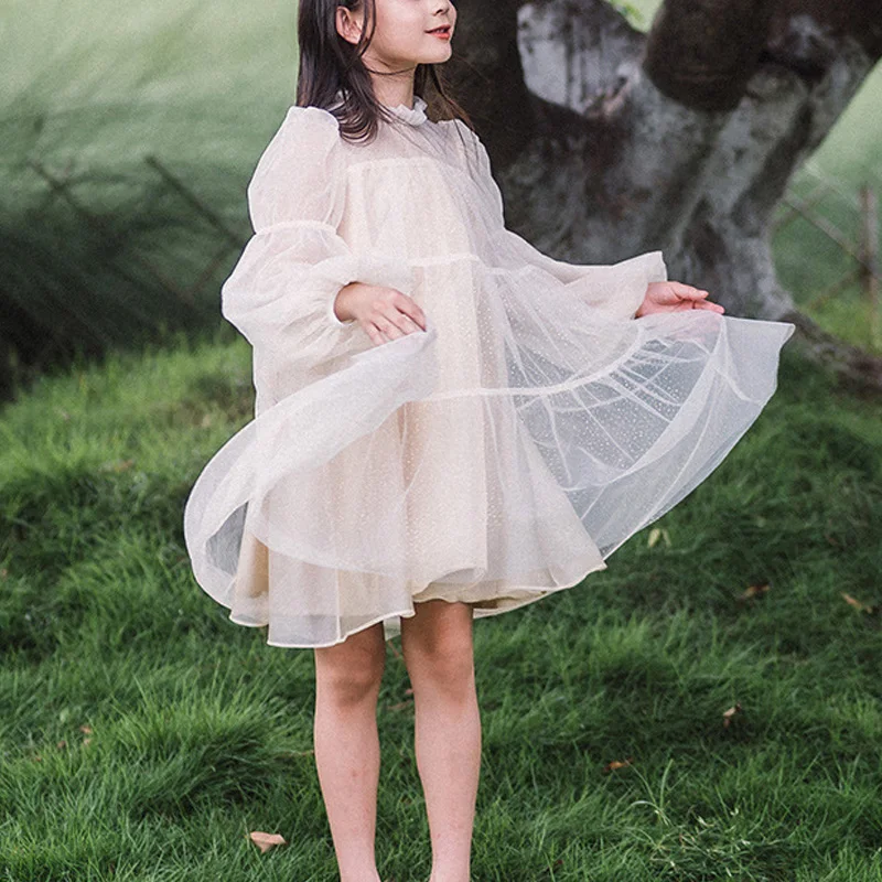 

Новое Кружевное платье для девочек, детские милые сетчатые платья для девочек, платье принцессы, детская модная одежда абрикосового цвета, ...