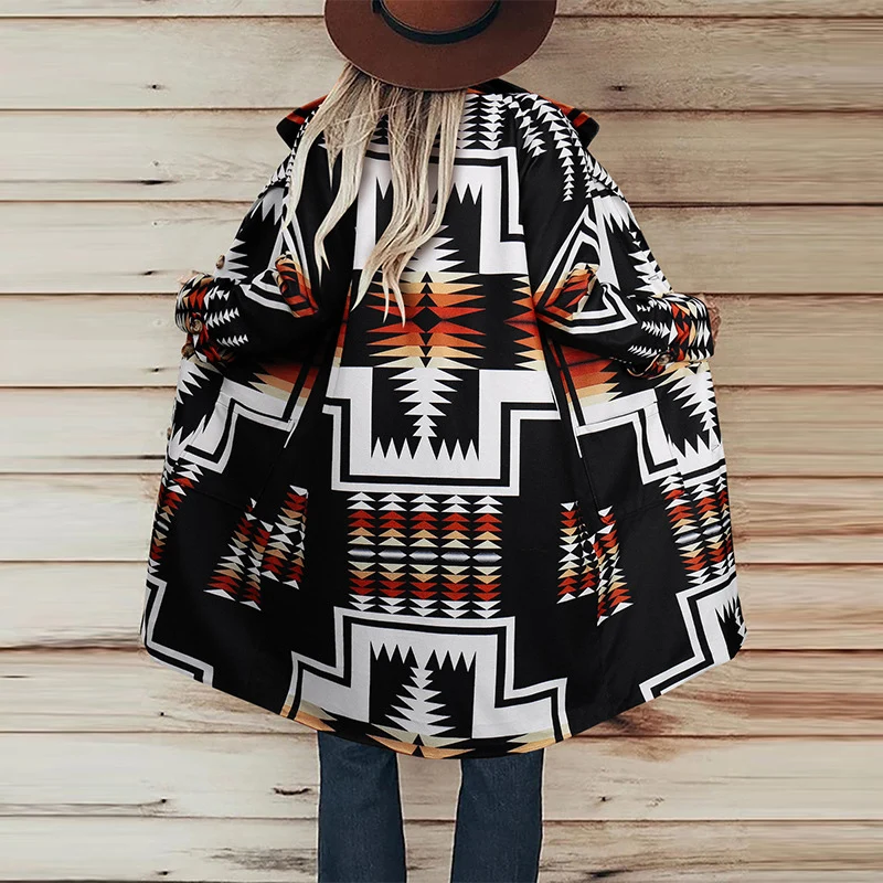 

Elegant Single Breasted Turn-Down Collar Tops Women Casual Loose Print Mid-Length Coats Winter Warm Button Long Sleeve Outerwear