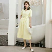 yigelila new arrivals yellow dress v neck short sleeves casual dress a line mid calf with blet dress free shipping 65192