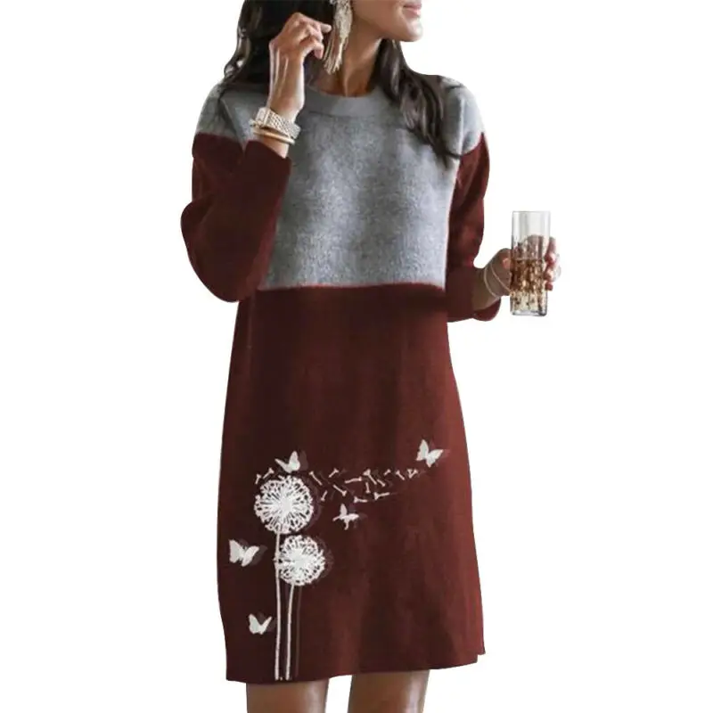 

Women Print Winter Warm Mini Dress Casual Loose Fit Long Sleeve Jumper Dress NEW