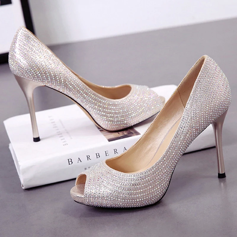 

Bling Pumps Shoes Women Trend High Heels 8CM Ladies Shoes 2020 Shallow Korean Night Club Female Pumps Peep Toe Wedding Shoes