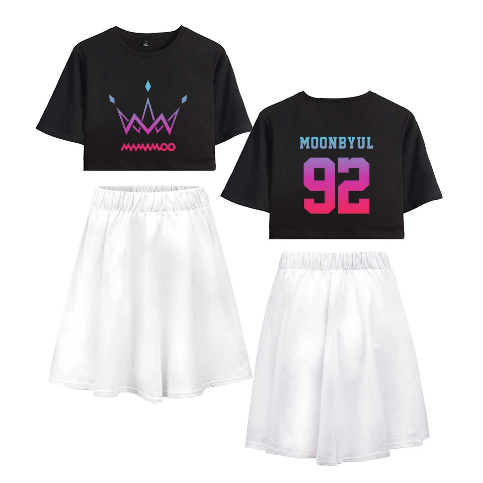 MAMAMOO print Street Basic 2 Pic Skirts Sets Short Sleeve+Short Skirt Fashion Casual cool Streetwear Summer Women Navel | Женская одежда