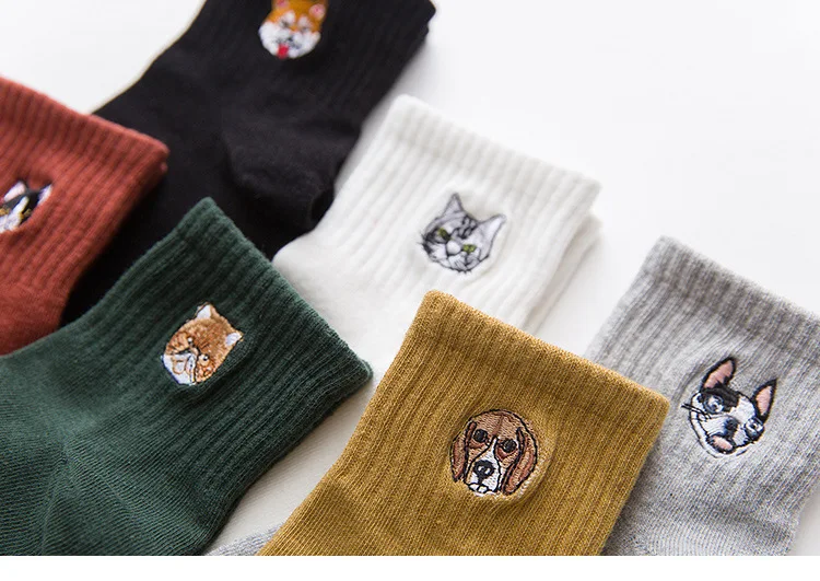 Забавные носки для девочек модные уличные дышащие студенческие стильные милые женские хлопковые однотонные Носки с рисунком собаки кота рулон печати