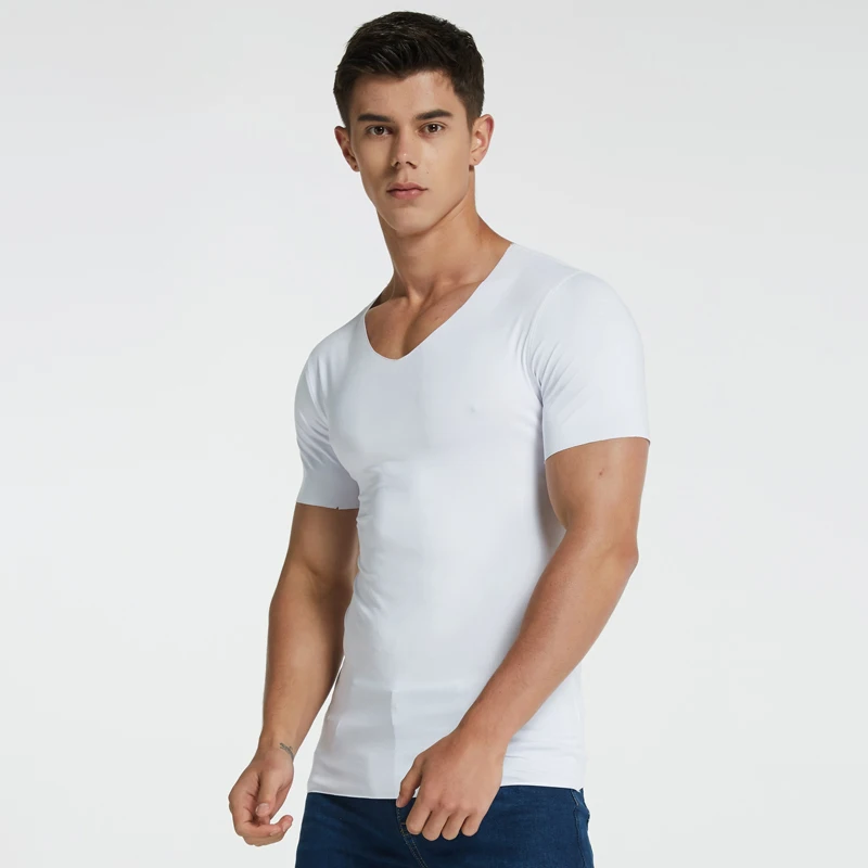 Men's V-Neck Undershirts Man Ice Silk Seamless Short Sleeves Basics Shirts Youth Summer Sexy Fitness Body Building Underwear