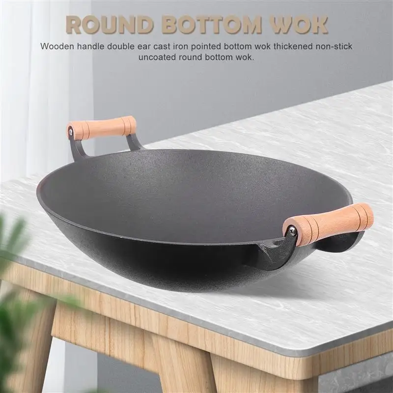 

1 шт. 37 см прочный чугунный вок с круглым дном Безопасный и антипригарный вок для кухни