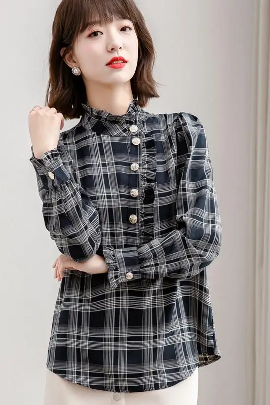 

COIGARSAM Vintage Plaid blouse women New Spring Lantern Sleeve Stand Neck blusas womens tops and blouses 9292