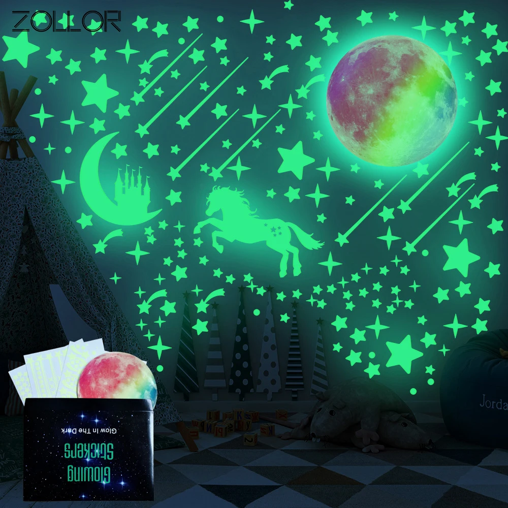 

Zollor Luminous Starry Castle Colorful Moon Glowing DIY Sticker Set Home Decoration Night Bedroom Kids Room Fluorescent Stickers